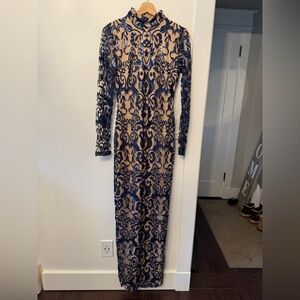 Elegant Blue and Tan Lace Dress- worn once